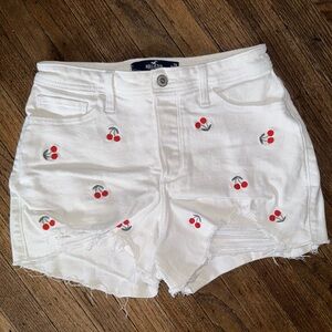 Hollister Women's White Distressed Jean Shorts with Cherry Embroidery
